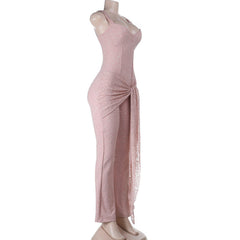 Self tie v neck zip-up lace v neck cami jumpsuit