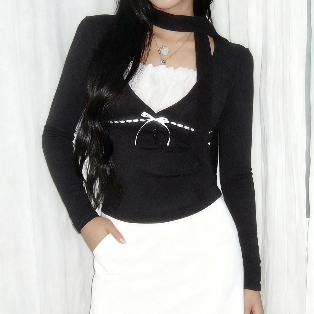 Long sleeve square neck ruched bowknot top