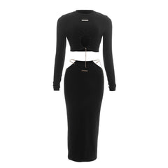 Long sleeve crewneck metal tag maxi skirt set