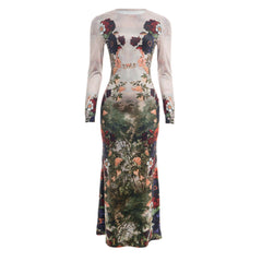 Flower print long sleeve crewneck maxi dress