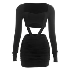 Long sleeve ruched hollow out cut out mini dress