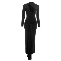 Long sleeve hollow out ruched zip-up cut out maxi dress