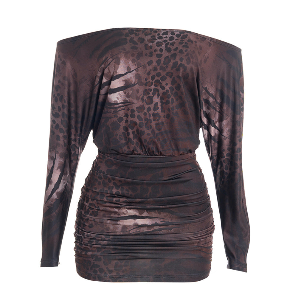 Off shoulder leopard print ruched mini dress