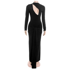 Long sleeve hollow out ruched zip-up cut out maxi dress