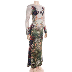 Flower print long sleeve crewneck maxi dress