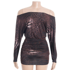 Off shoulder leopard print ruched mini dress