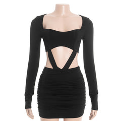 Long sleeve ruched hollow out cut out mini dress