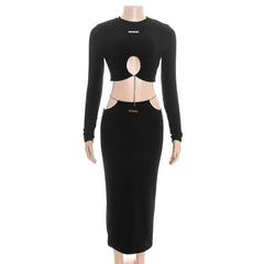 Long sleeve crewneck metal tag maxi skirt set