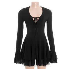 V neck self tie long flared sleeve mini dress