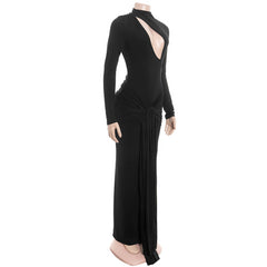 Long sleeve hollow out ruched zip-up cut out maxi dress
