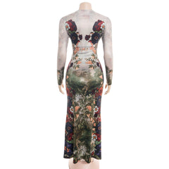 Flower print long sleeve crewneck maxi dress