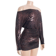 Off shoulder leopard print ruched mini dress