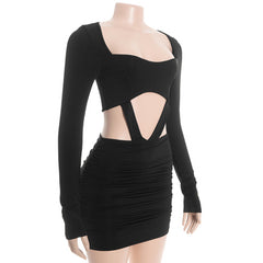 Long sleeve ruched hollow out cut out mini dress