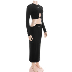 Long sleeve crewneck metal tag maxi skirt set