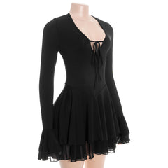 V neck self tie long flared sleeve mini dress