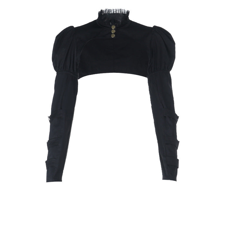 Long puff sleeve button buckle lace hem shrug top