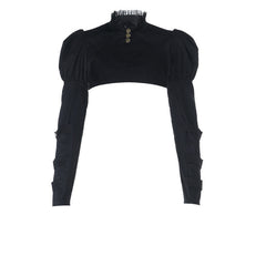 Long puff sleeve button buckle lace hem shrug top