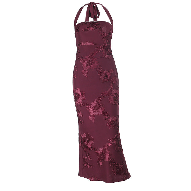 Halter flower pattern slit maxi dress