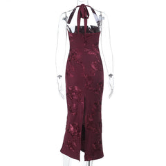 Halter flower pattern slit maxi dress