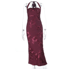 Halter flower pattern slit maxi dress