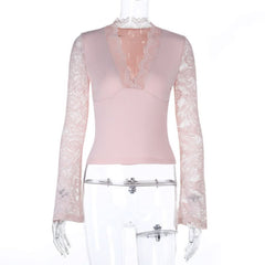 V neck lace hem long sleeve top