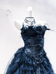 Flower applique ruffle feather tube maxi dress