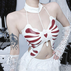 Halter lace up self tie backless butterfly pattern top