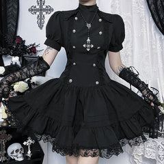 Puff sleeve high neck lace hem mini dress