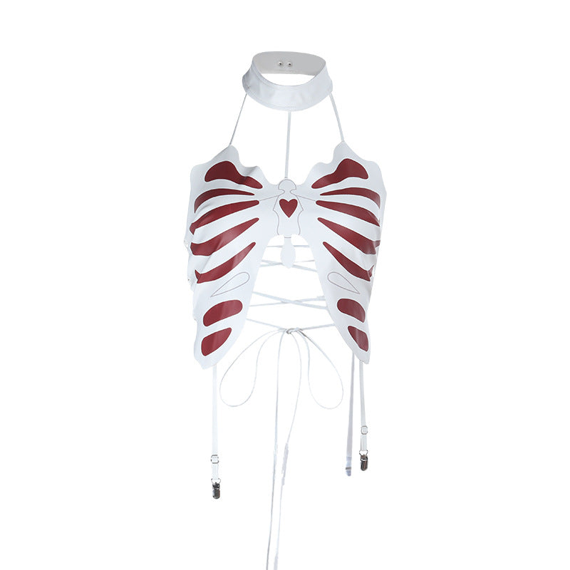 Halter lace up self tie backless butterfly pattern top