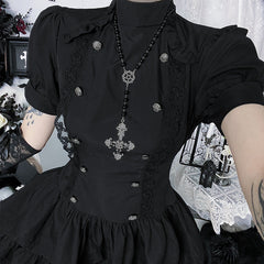 Puff sleeve high neck lace hem mini dress