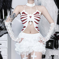 Halter lace up self tie backless butterfly pattern top