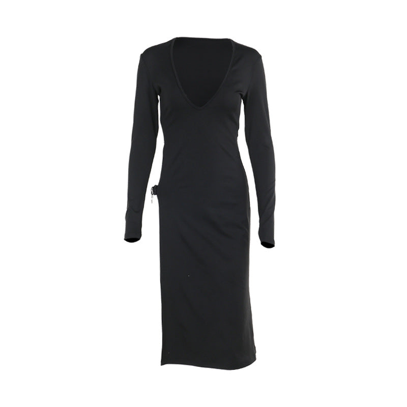 V neck long sleeve high slit o ring midi dress