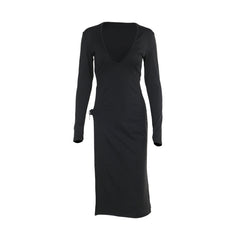 V neck long sleeve high slit o ring midi dress