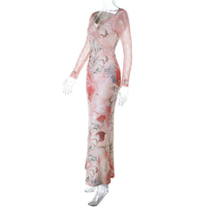 Long sleeve v neck lace hem flower print maxi dress