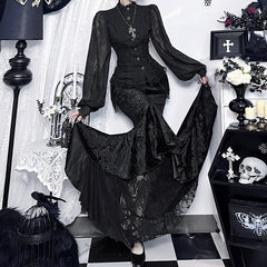 Velvet lace hem tassels maxi skirt