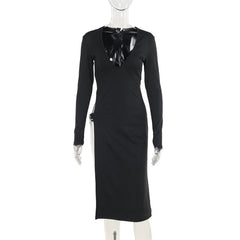 V neck long sleeve high slit o ring midi dress