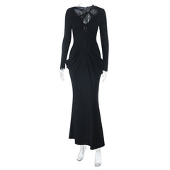 Long sleeve lace hem hollow out ruched cut out maxi dress