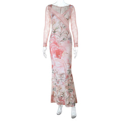 Long sleeve v neck lace hem flower print maxi dress