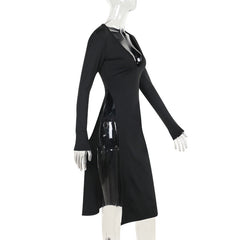 V neck long sleeve high slit o ring midi dress