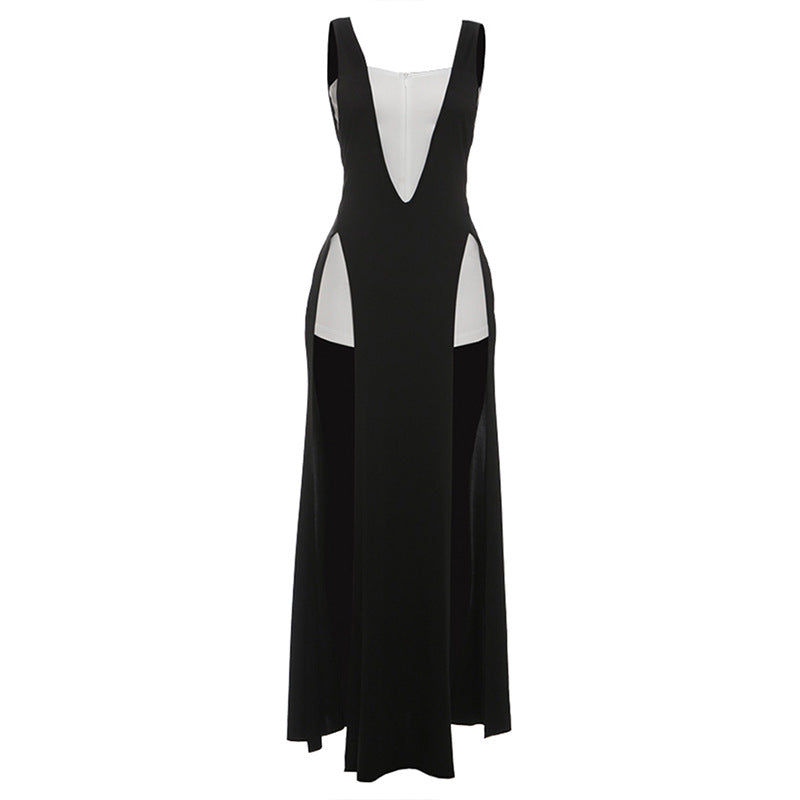 Square neck zip-up high slit maxi dress