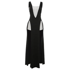 Square neck zip-up high slit maxi dress