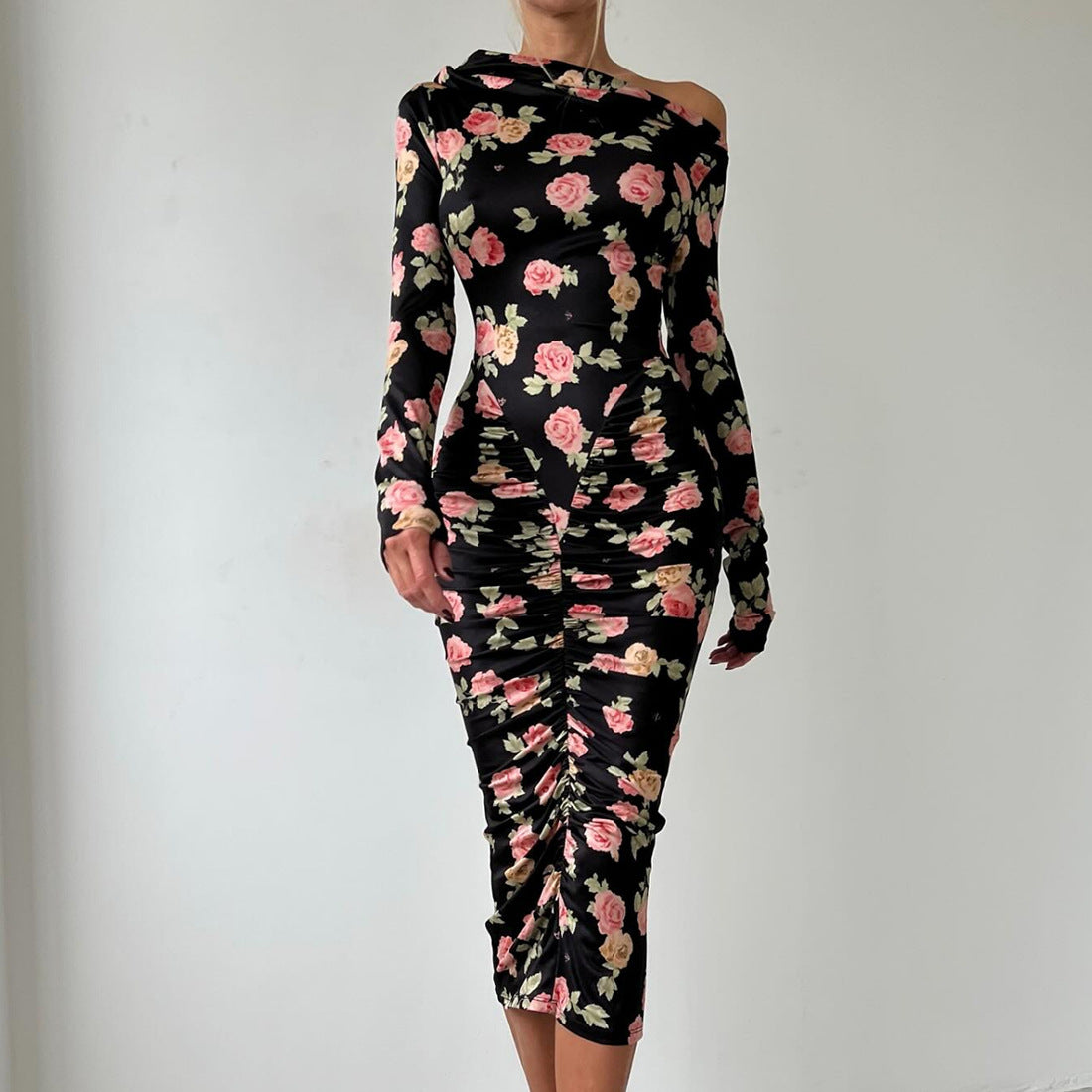 Long sleeve flower print ruched midi dress