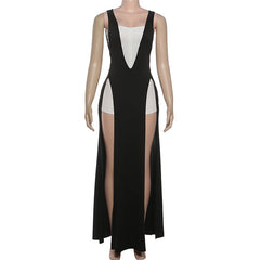 Square neck zip-up high slit maxi dress