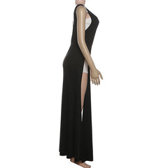 Square neck zip-up high slit maxi dress