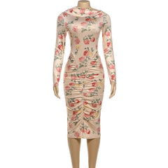Long sleeve flower print ruched midi dress