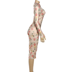 Long sleeve flower print ruched midi dress