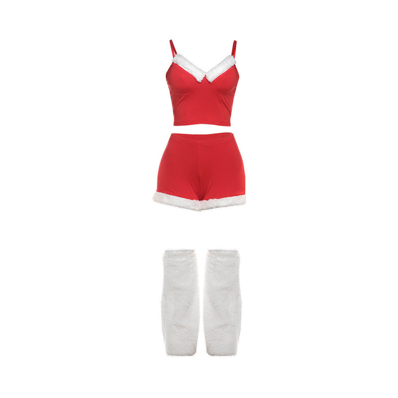 V neck fluffy leg warmer short pant set