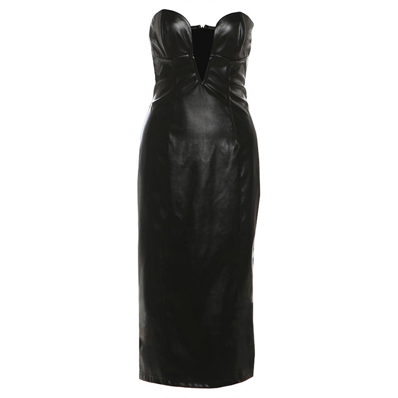 PU leather v neck low cut midi dress
