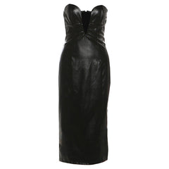 PU leather v neck low cut midi dress