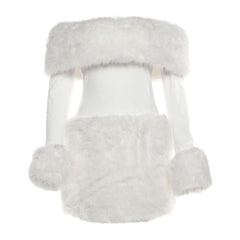 Off shoulder long sleeve fluffy mini dress